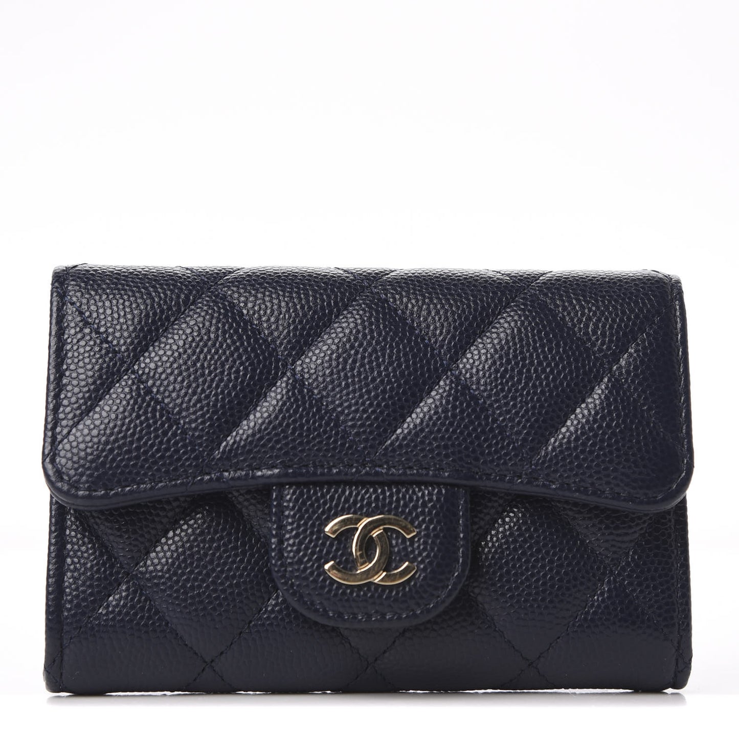 Caviar Quilted Flap Card Holder Wallet Navy Blue