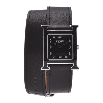 Hermes Stainless Steel Barenia Lacquer 26mm Heure H Hour Double Tour Quartz Watch Noir 1 of 13