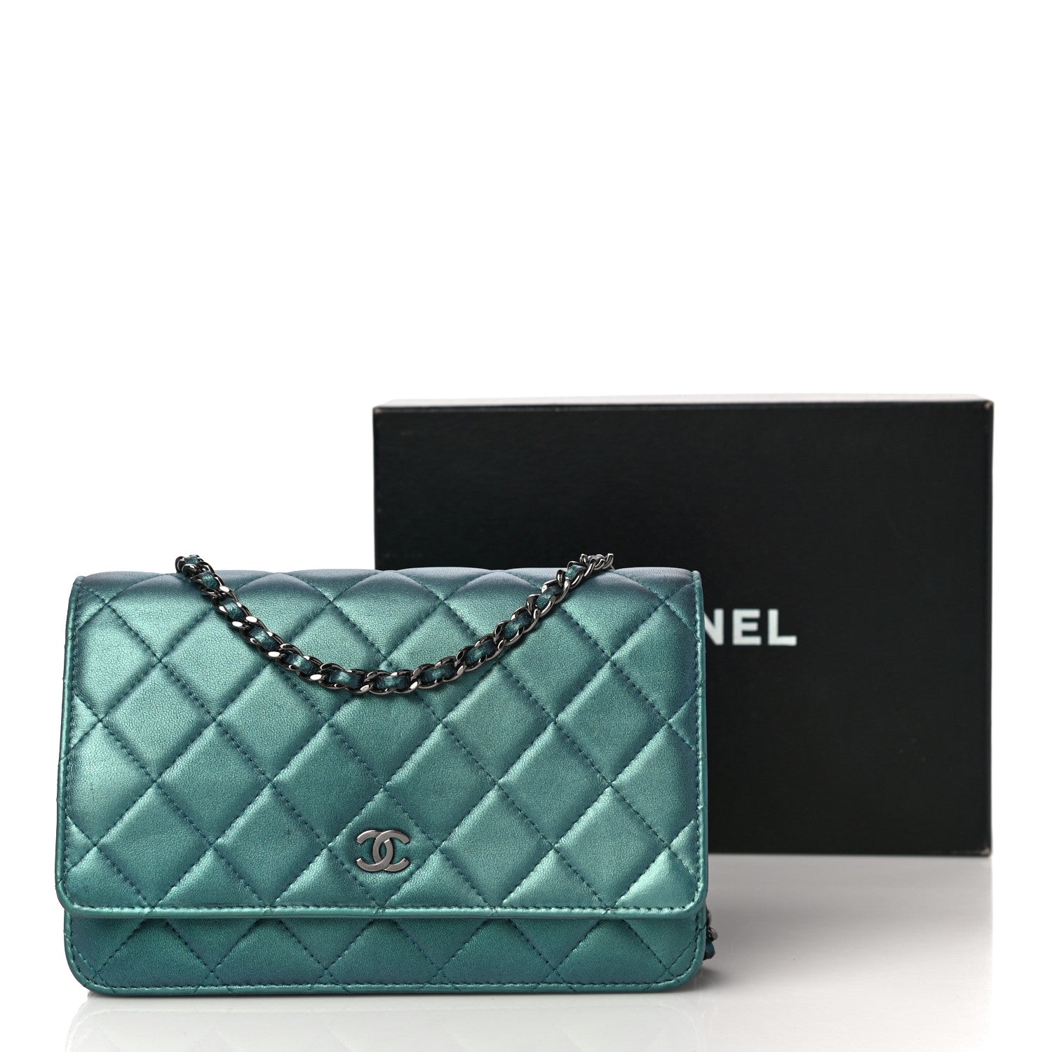 Chanel Iridescent Lambskin Quilted Wallet On Chain WOC Turquoise 14 of 14