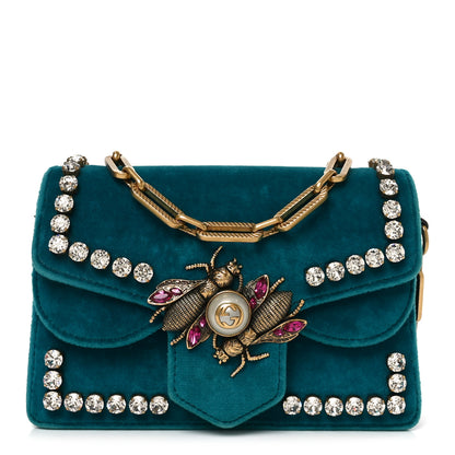 Gucci Velvet Crystal Mini Bee Broadway Shoulder Bag Pavone Cyan 1 of 10