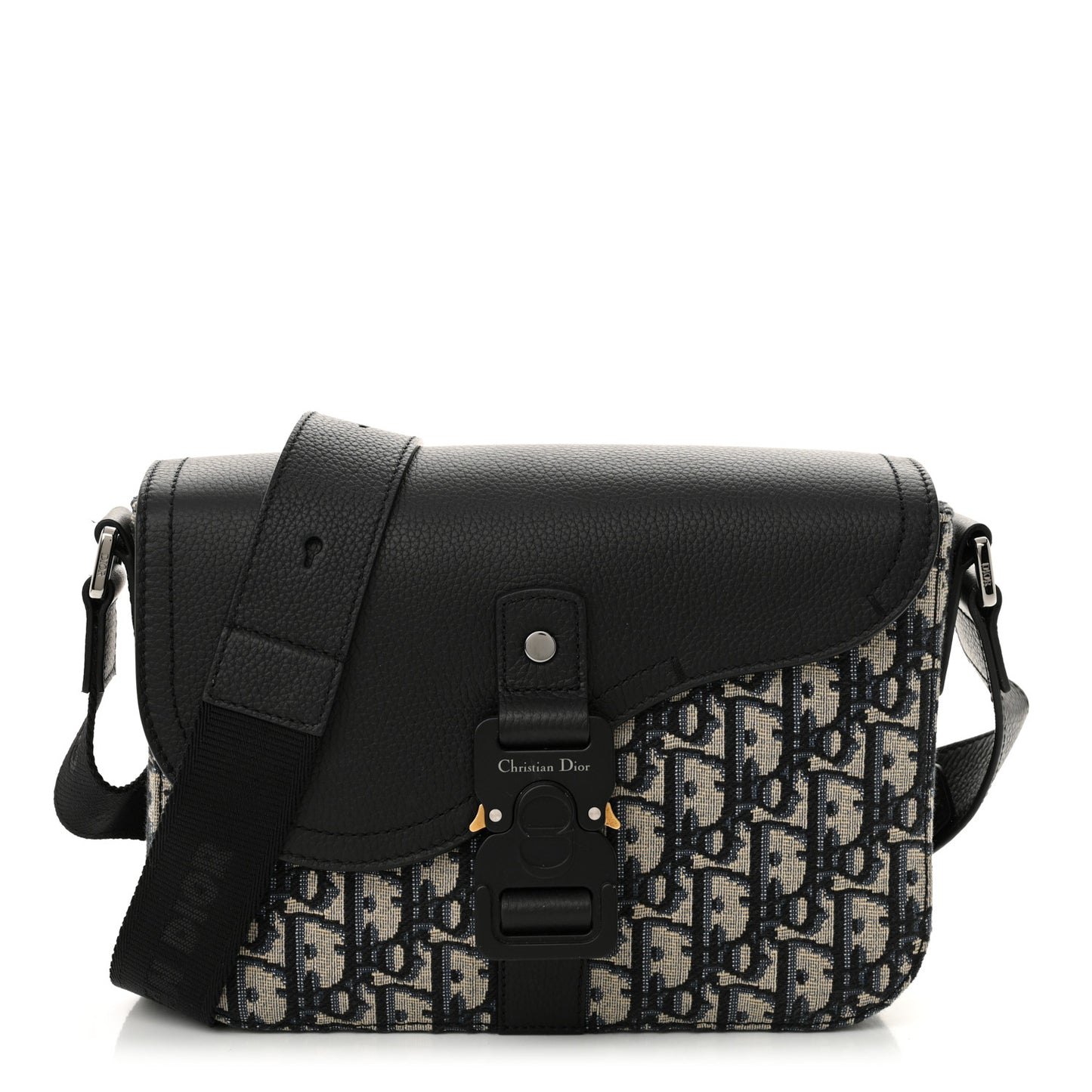 Oblique Jacquard Grained Calfskin Small Saddle Messenger Bag Beige Black