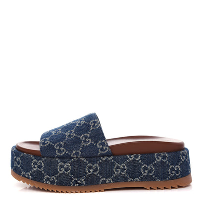 Gucci New Denim GG Monogram Angelina Platform 55mm Slide Sandals 36.5 Blue Tea 1 of 10
