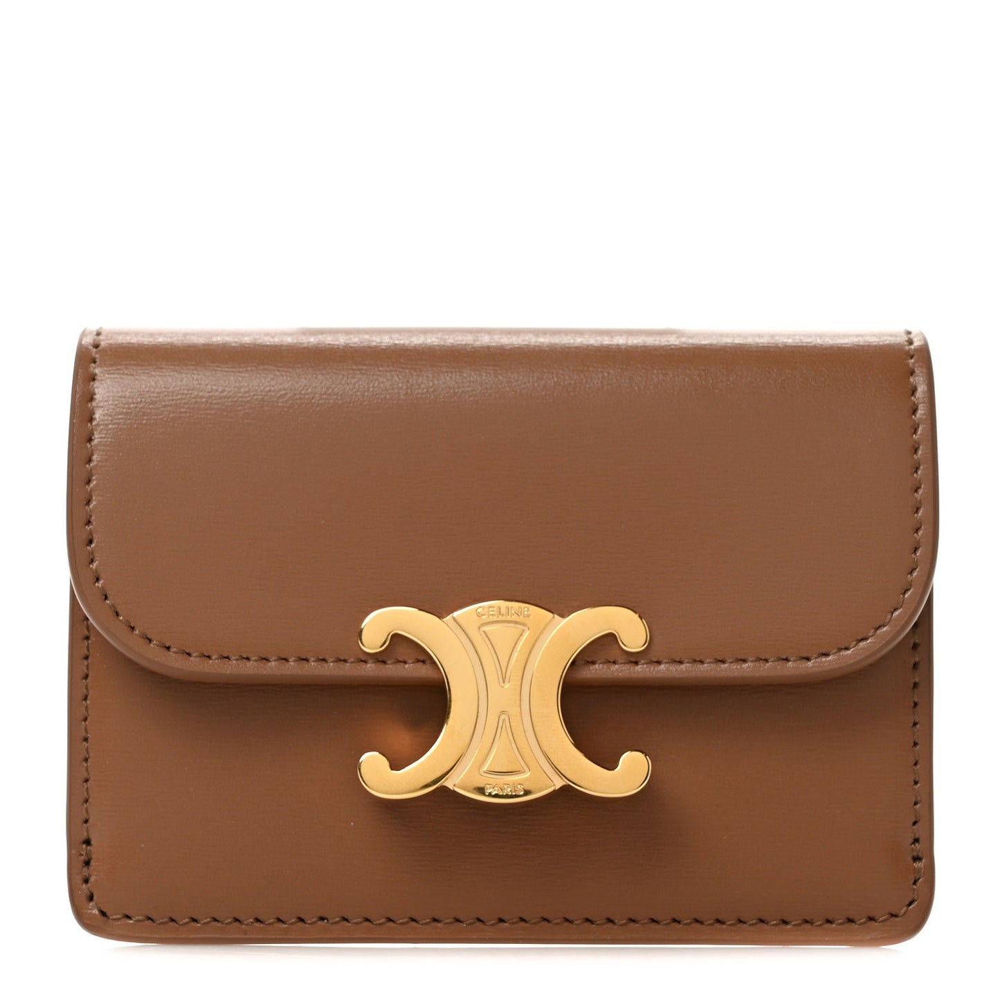 Shiny Calfskin Triomphe Flap Card Holder Bronze