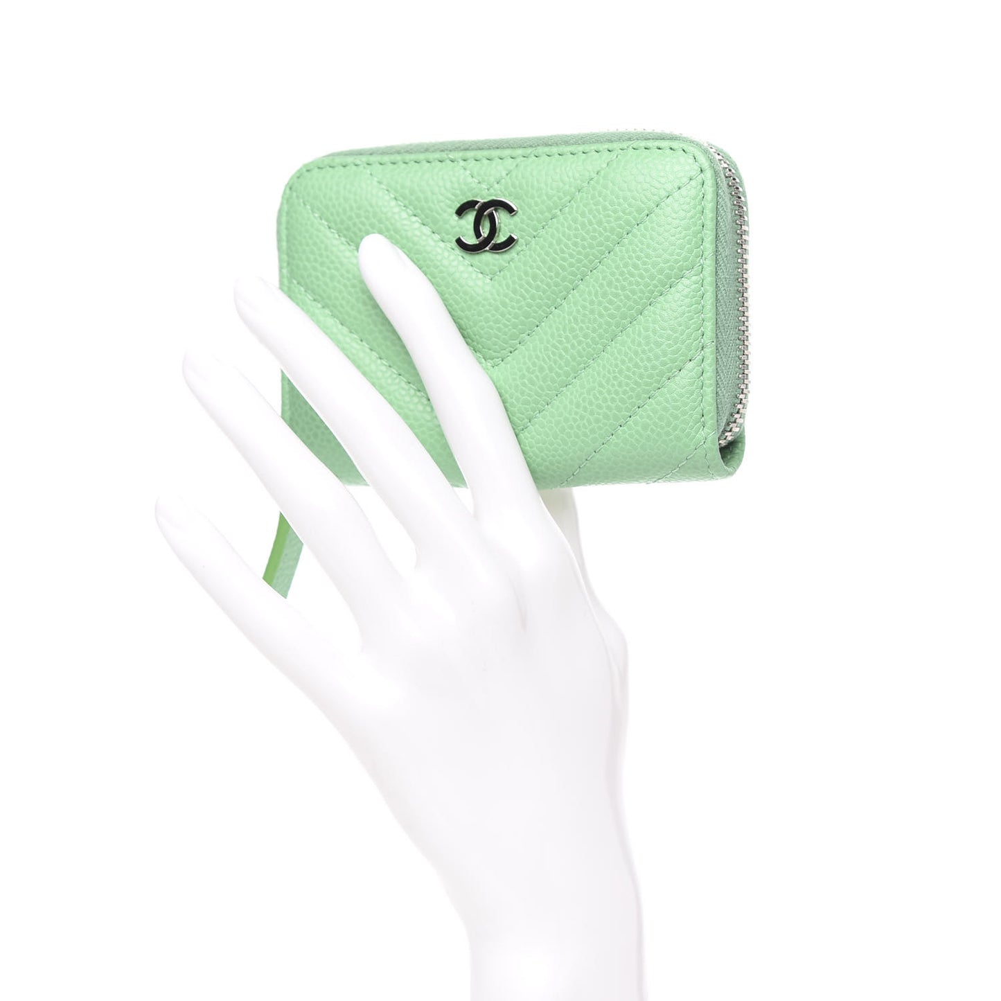 Caviar Chevron Quilted Zip Around Coin Purse Light Green