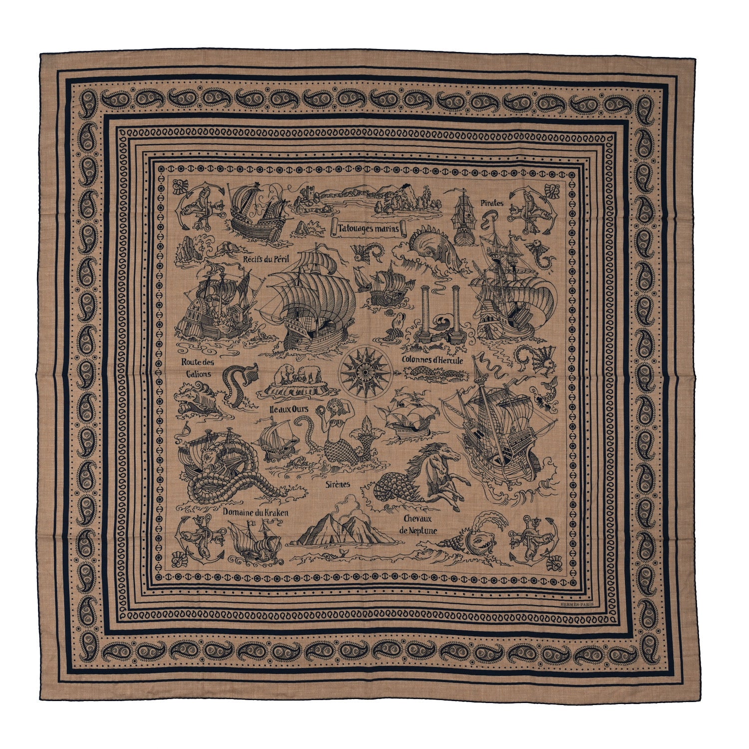 Hermes Cashmere Silk Tatouages Marins Bandana Shawl 140 Caramel