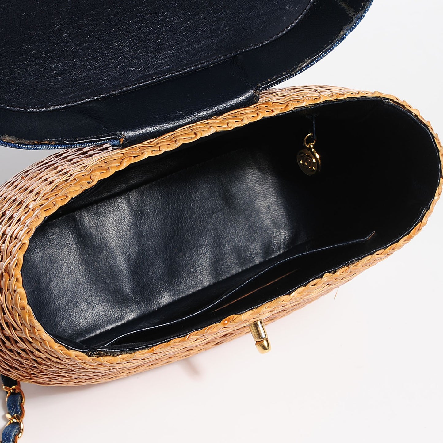 Denim Rattan Basket Shoulder Bag Blue