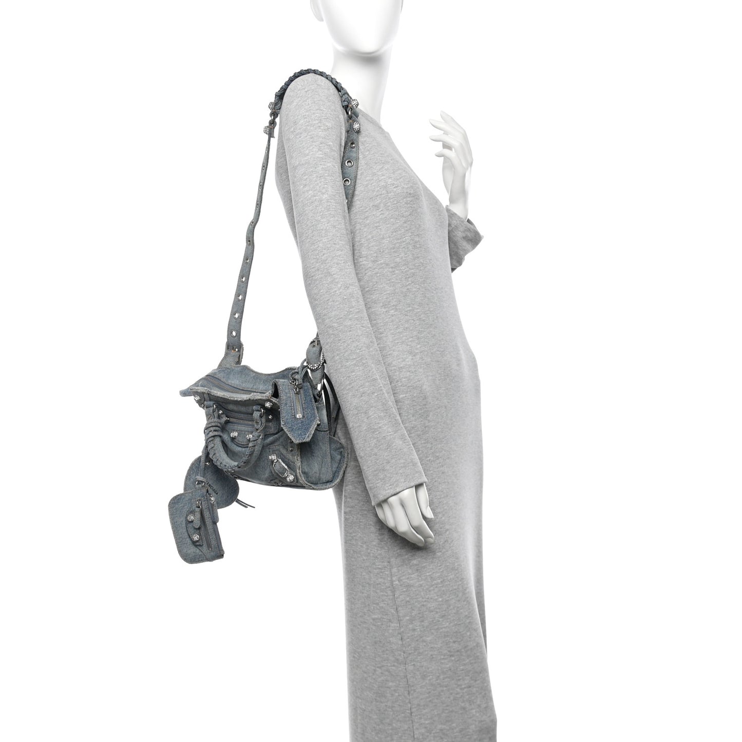Washed Frayed Denim Crystal Neo Cagole Handbag XS Blue