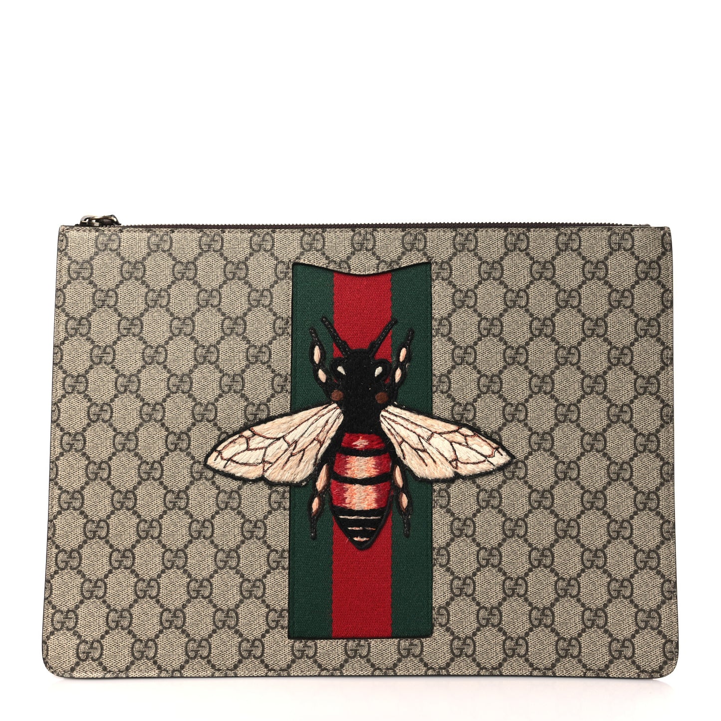 GG Supreme Monogram Web Animalier Bee Embroidered Medium Documents Holder Beige New Acero