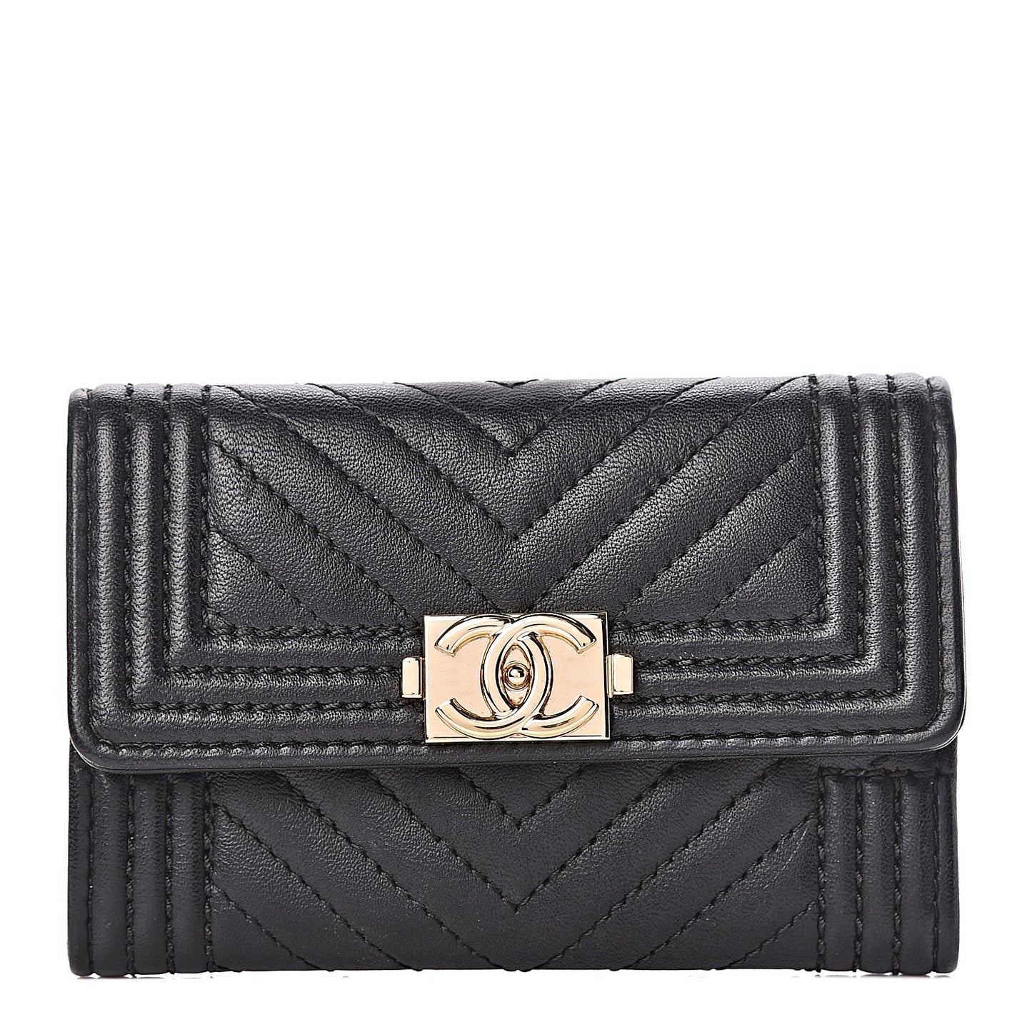 Lambskin Chevron Quilted Boy Card Holder Black