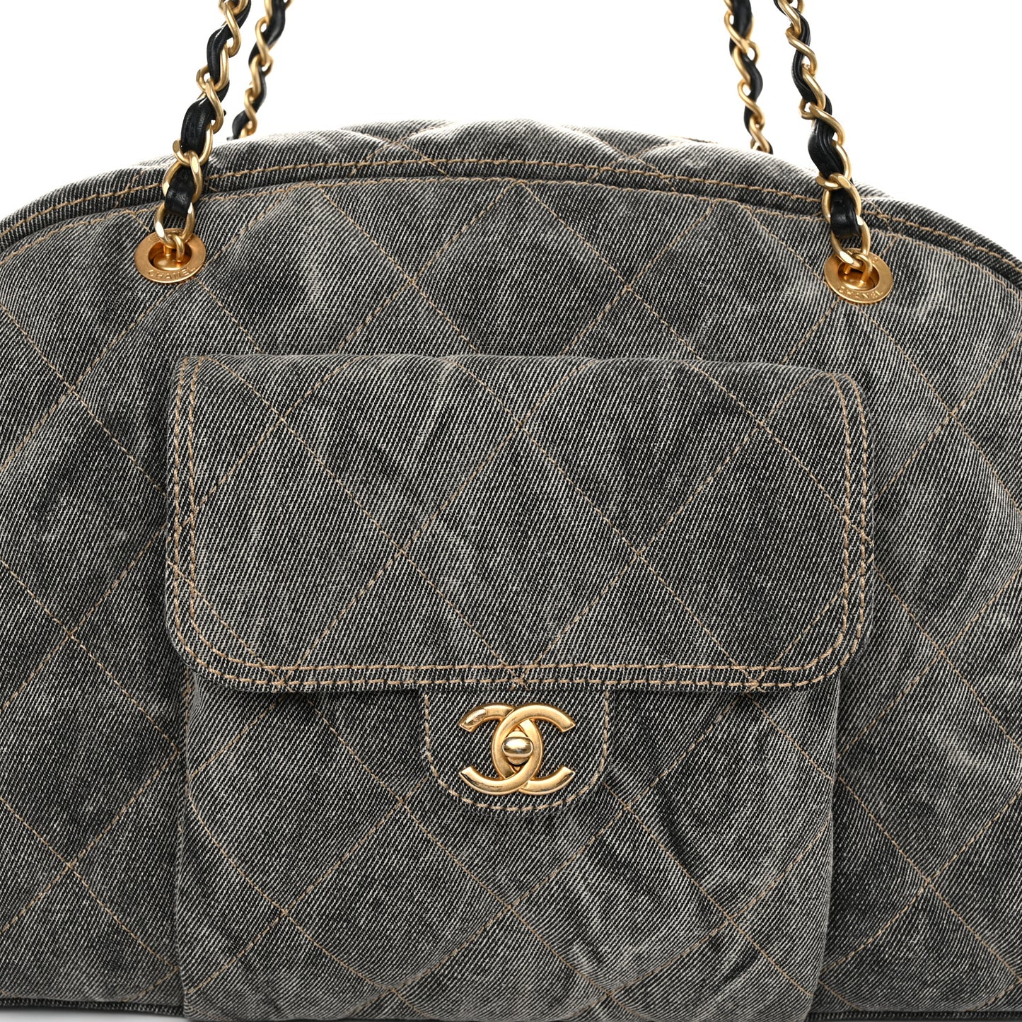 Washed Denim Quilted Bowling Bag Light Grey
