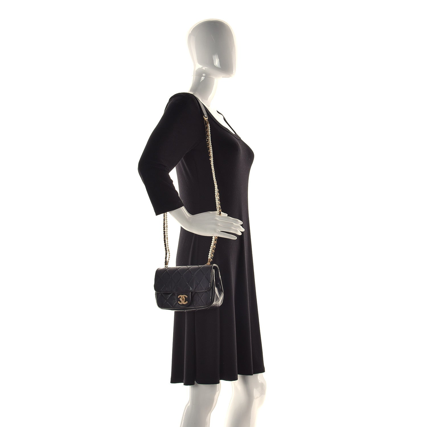 Chanel Calfskin Quilted Mini Rectangular Crystal Pearls Chain Flap Black 2 of 13