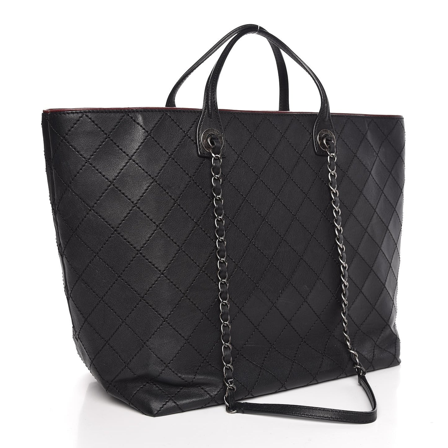 Calfskin Stitched Large Shopping Tote Black