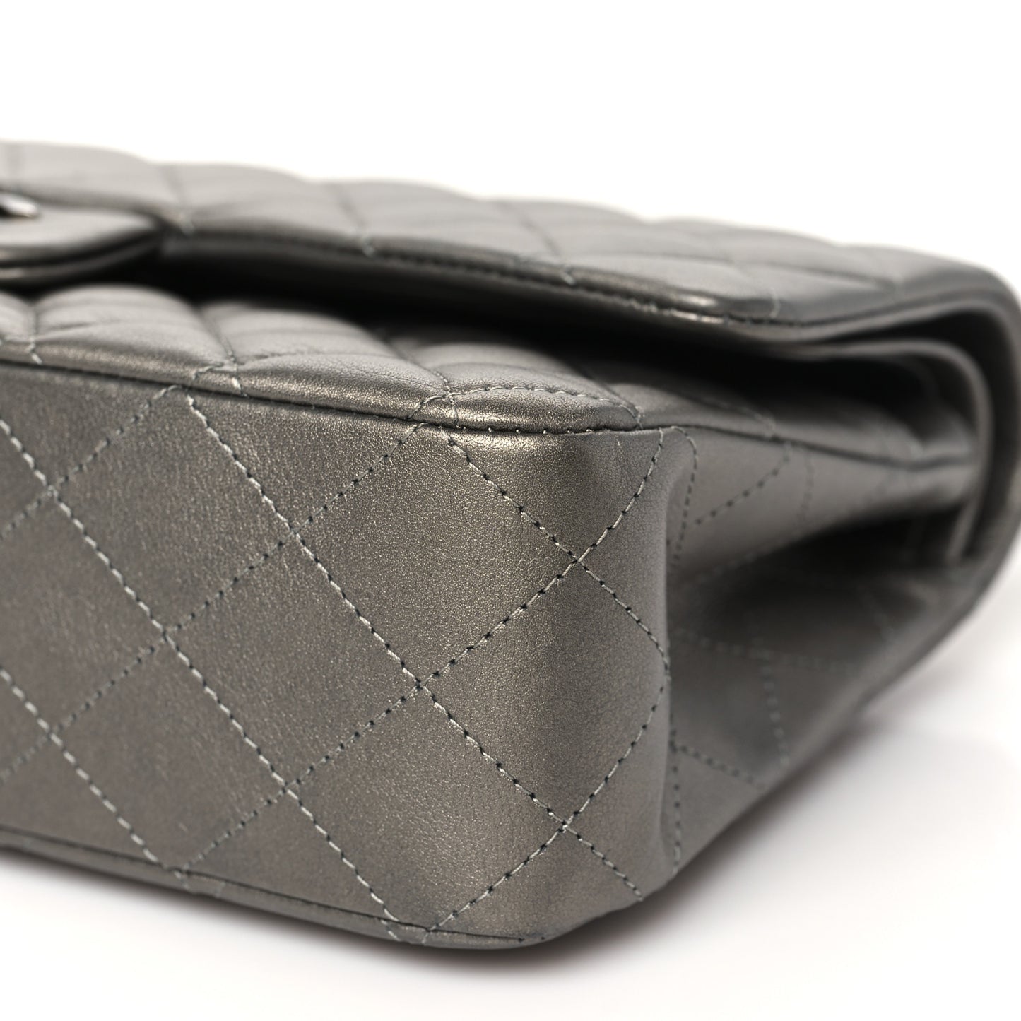 Metallic Calfskin Quilted Medium Double Flap Ruthenium Ruthenium