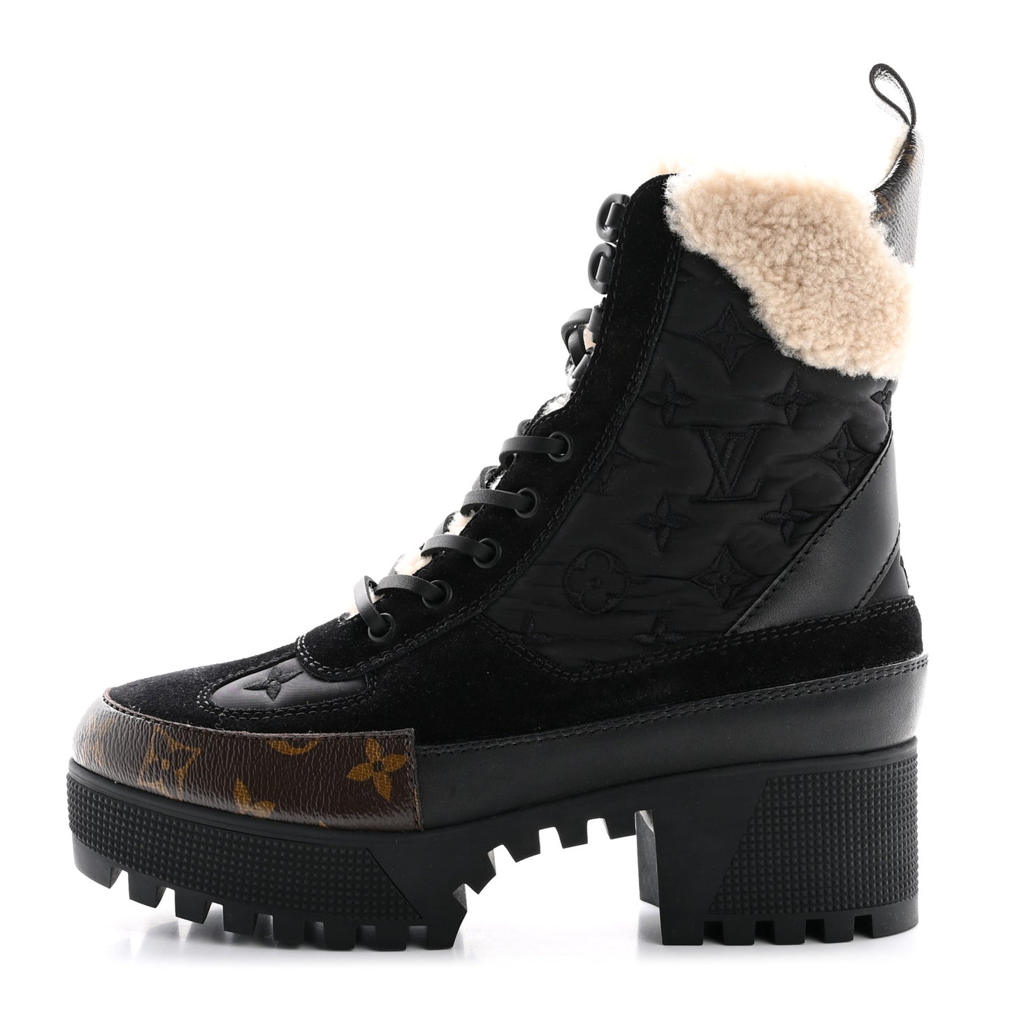 Nylon Suede Calfskin Shearling Monogram Laureate Platform Boots 38 Black