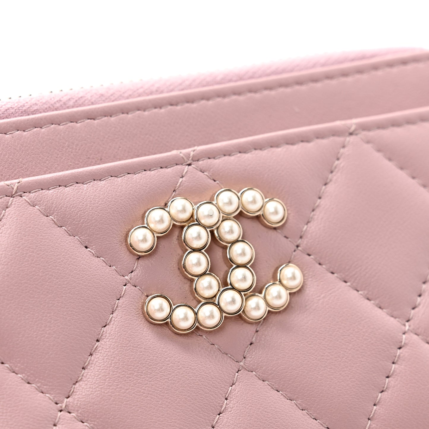 Lambskin Quilted Pearl Crystal CC Zip Around Card Holder Pink