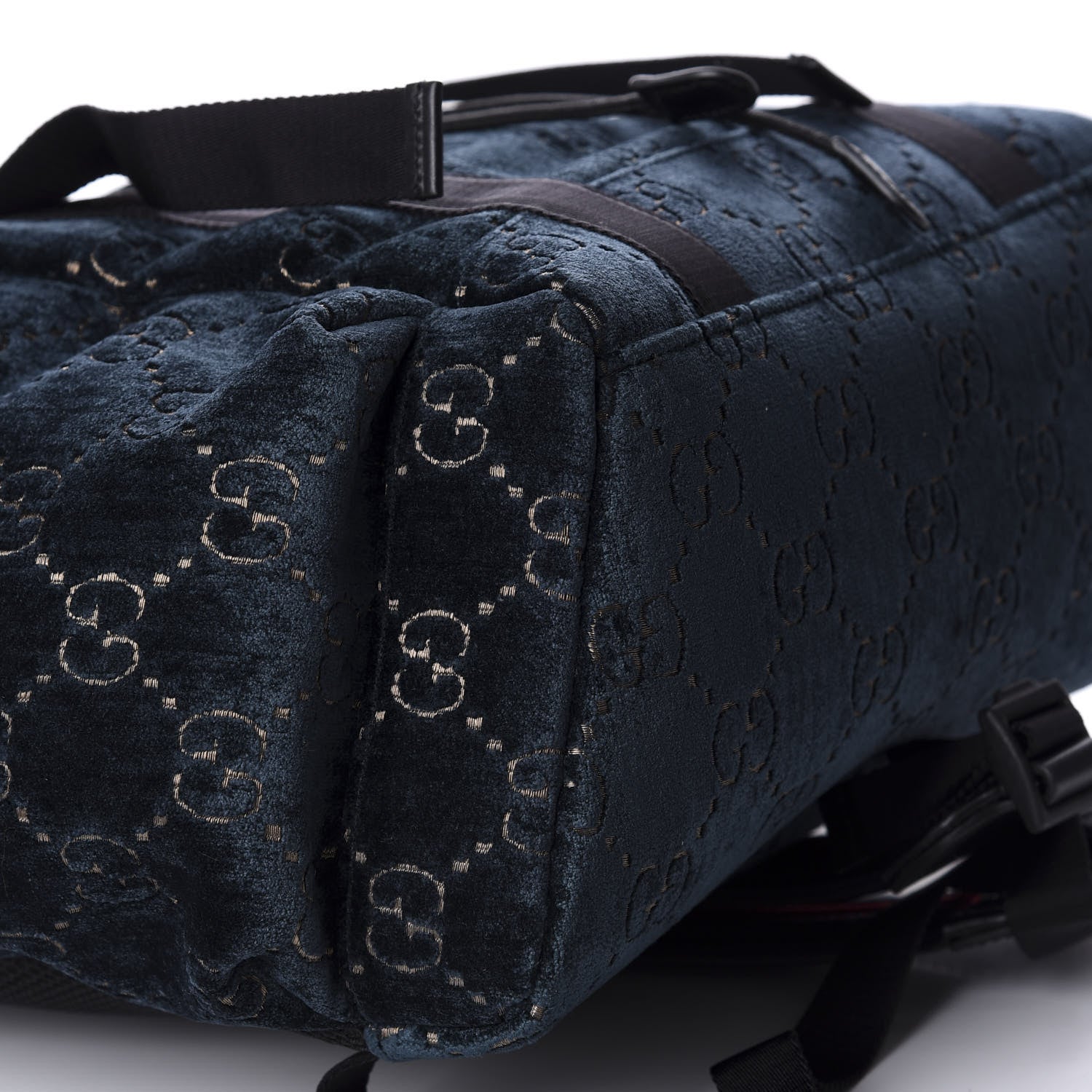 Gucci Velvet GG Monogram Web Medium Double Buckle Backpack Blue Beige Black 5 of 11