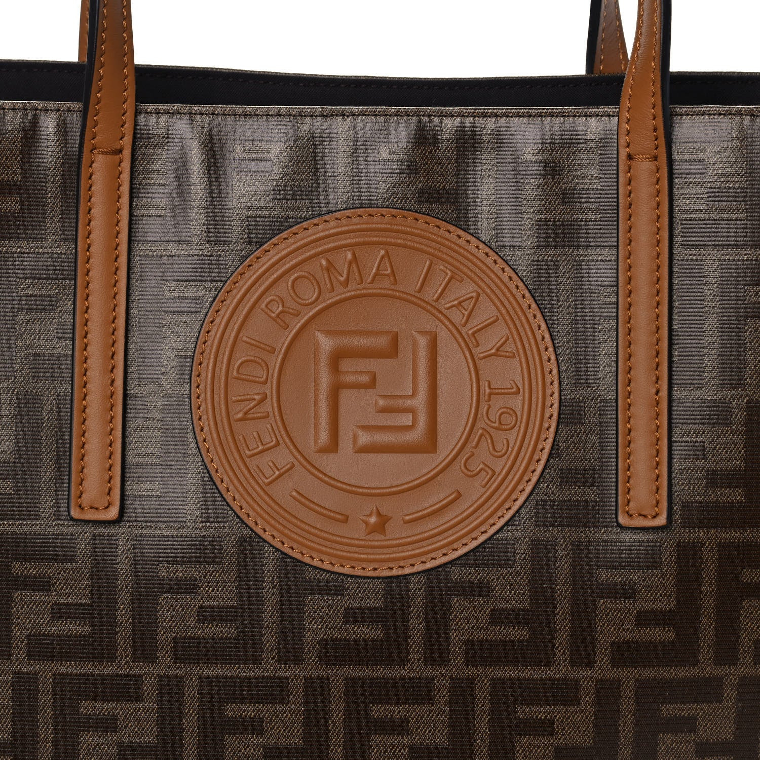 Fendi Glazed Fabric Vitello Century FF 1974 Stamp Patch Shopping Tote Mogano Panna Caramello 10 of 12