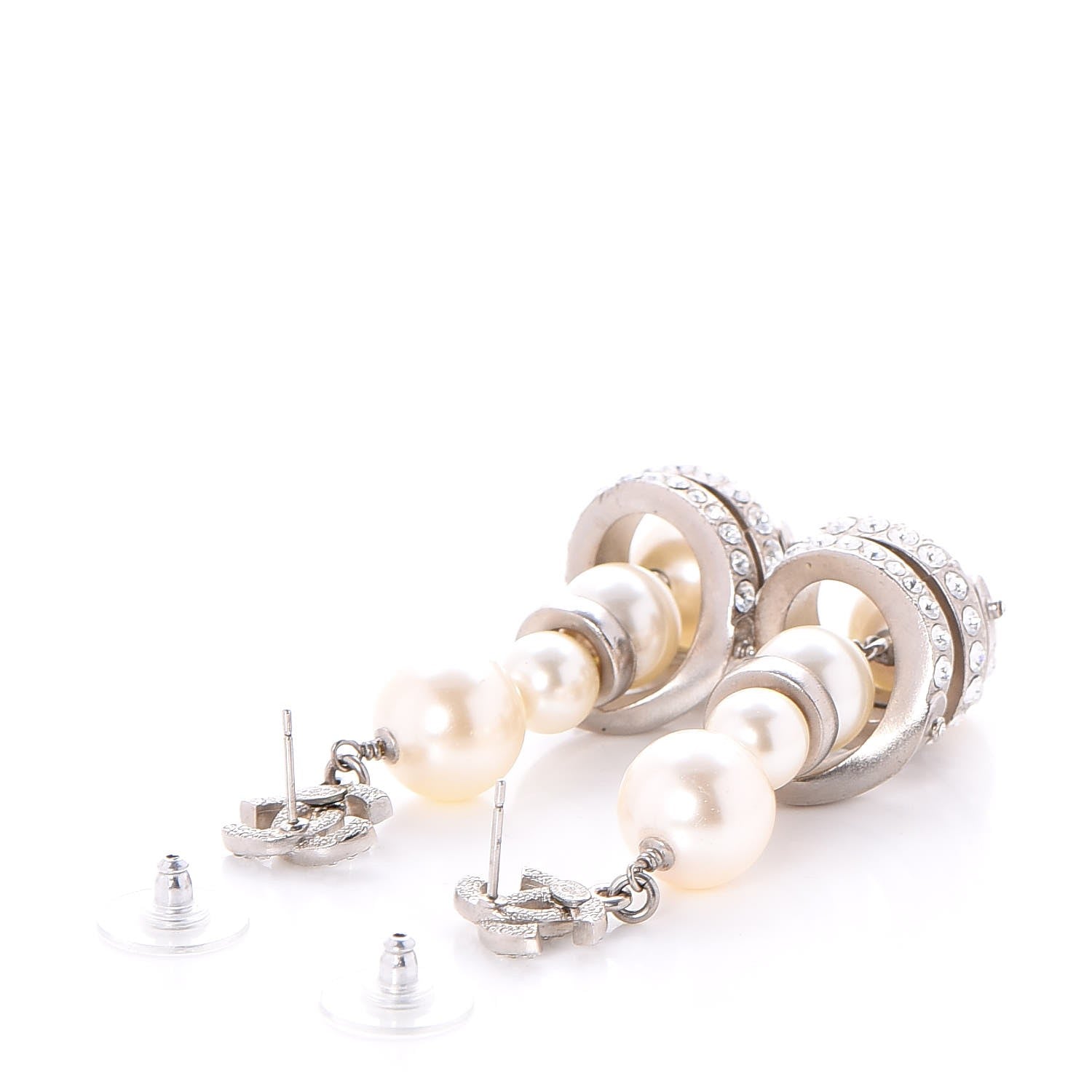 Chanel Crystal Pearl CC Drop Earrings Silver 3 of 4
