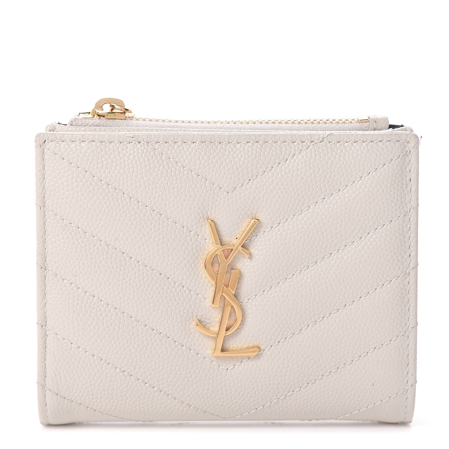 Saint Laurent Grain De Poudre Matelasse Chevron Monogram Zipped Card Case Crema Soft 1 of 8