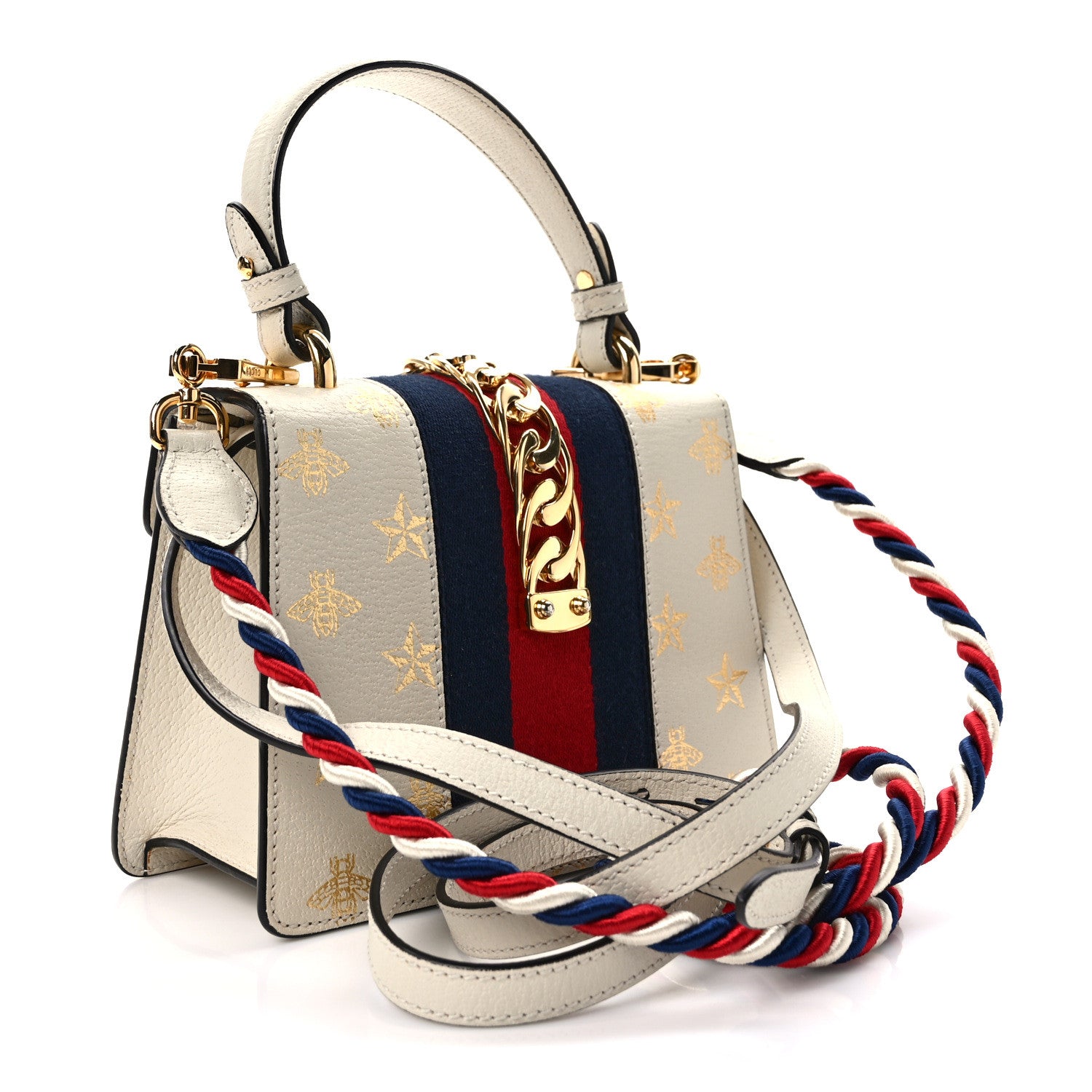 Gucci Textured Calfskin Bee Star Print Mini Sylvie Top Handle Bag Mystic White 3 of 10