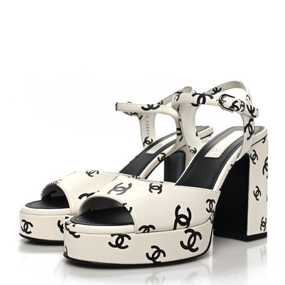 Chanel Printed Lambskin CC Platform Sandals 40 White Black 3 of 8
