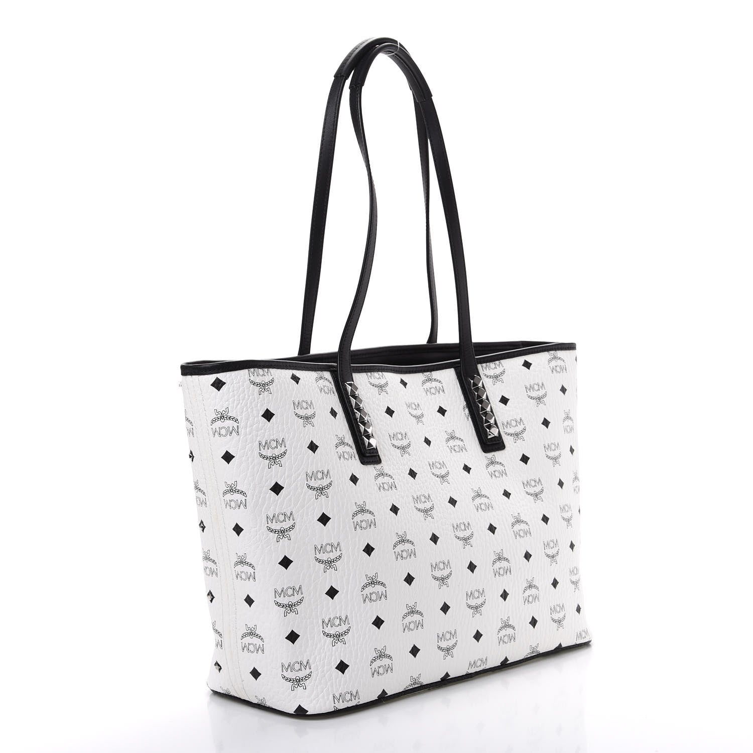 MCM Visetos Studded Medium Anya Zip Top Shopper Tote White 3 of 10