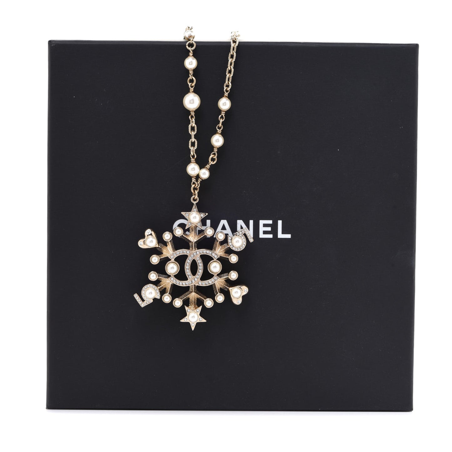 Crystal Pearl Hearts CC Pendant Necklace Gold