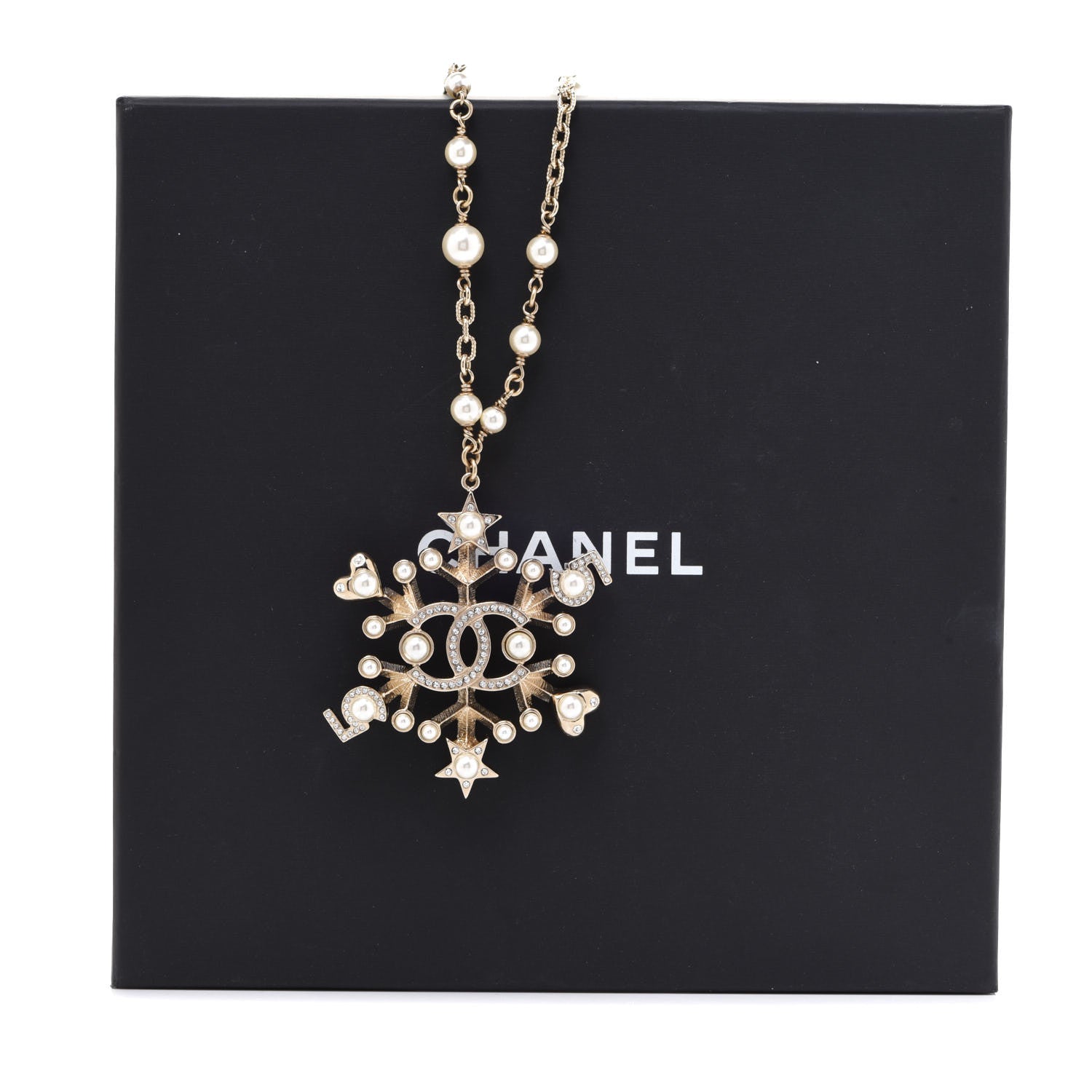 Chanel Crystal Pearl Hearts CC Pendant Necklace Gold 6 of 6