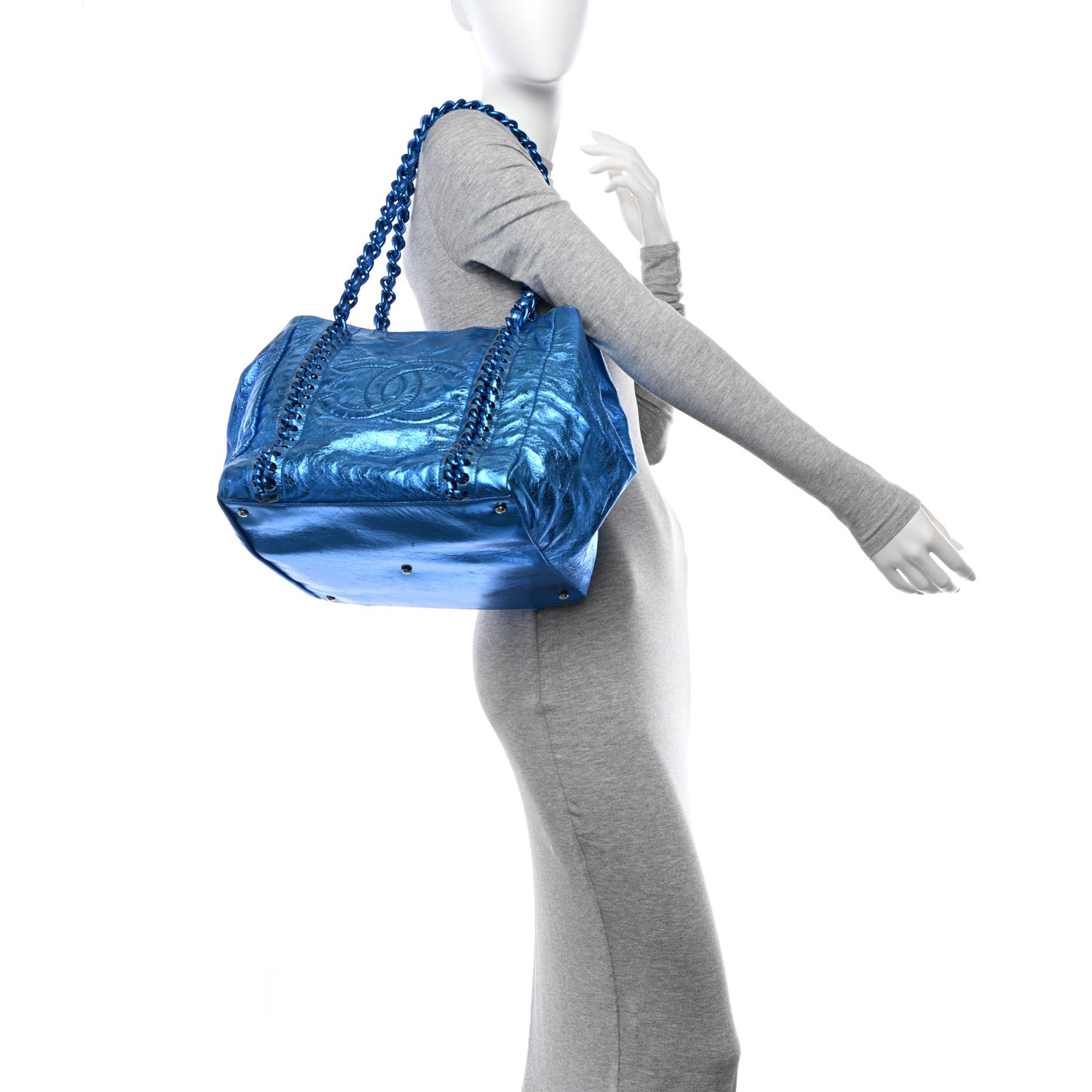 Metallic Cracked Calfskin Modern Chain Tote Blue