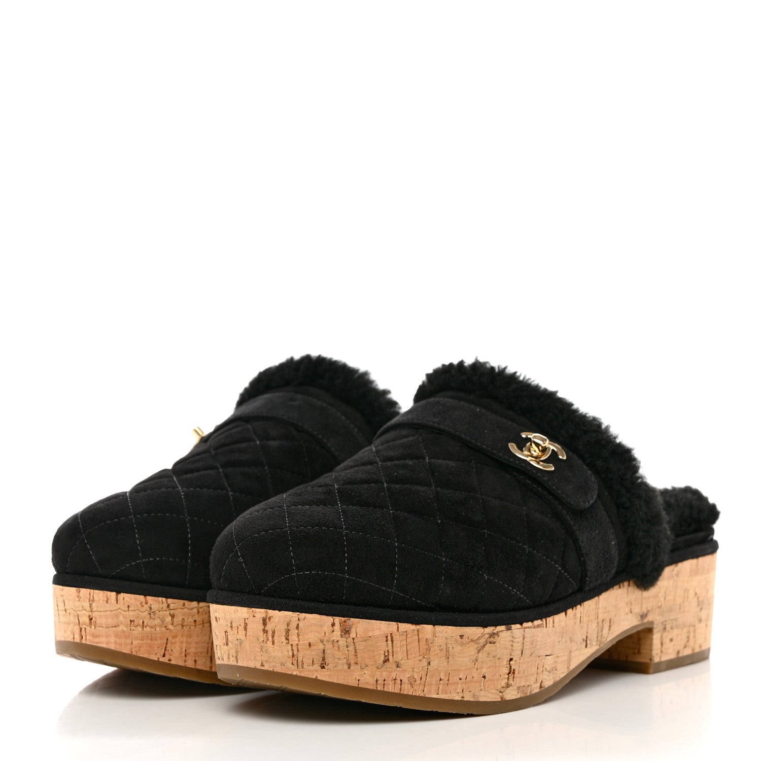 Chanel Suede Calfskin Shearling Turn Lock Clogs 40 Black 3 of 9