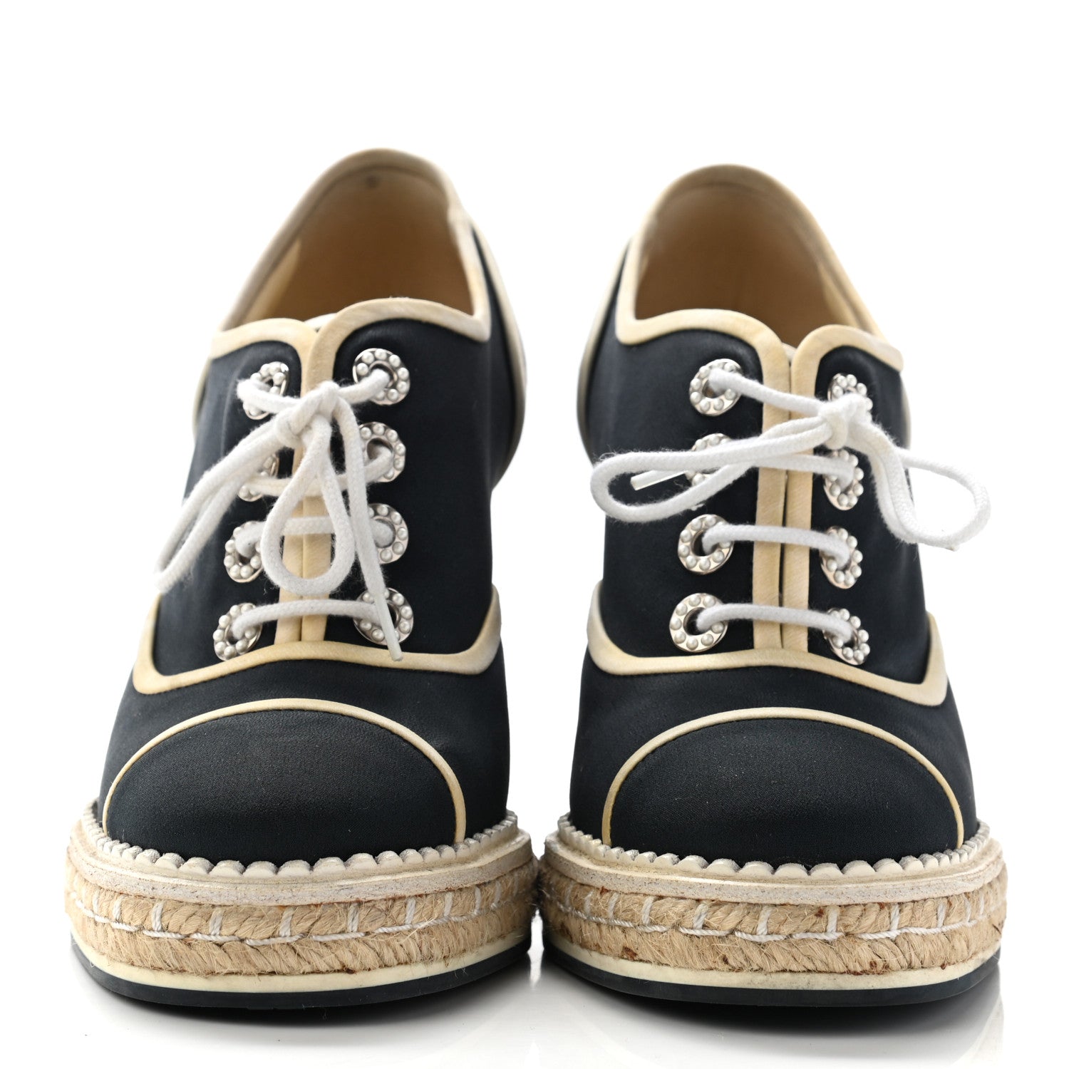 Chanel Silk Crepe Suede Calfskin Lace Up Wedge Espadrilles 35 Navy Grey 2 of 19