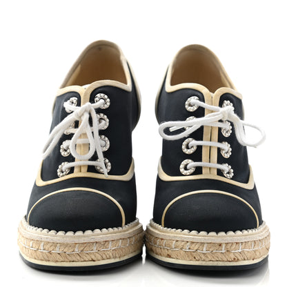 Chanel Silk Crepe Suede Calfskin Lace Up Wedge Espadrilles 35 Navy Grey 2 of 19