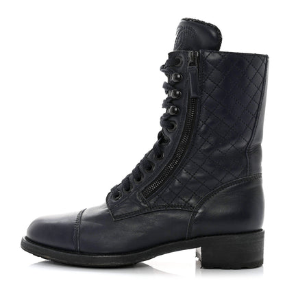 Chanel Sheepskin Quilted CC Tall Lace Up Combat Boots 40 Navy 1 of 11