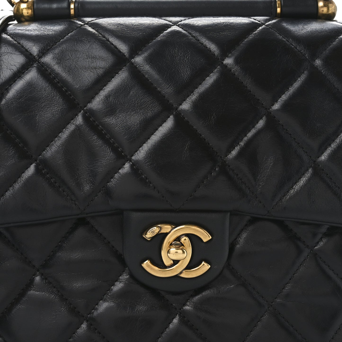 Glazed Calfskin Quilted Medium Gold Bar Top Handle Flap Black