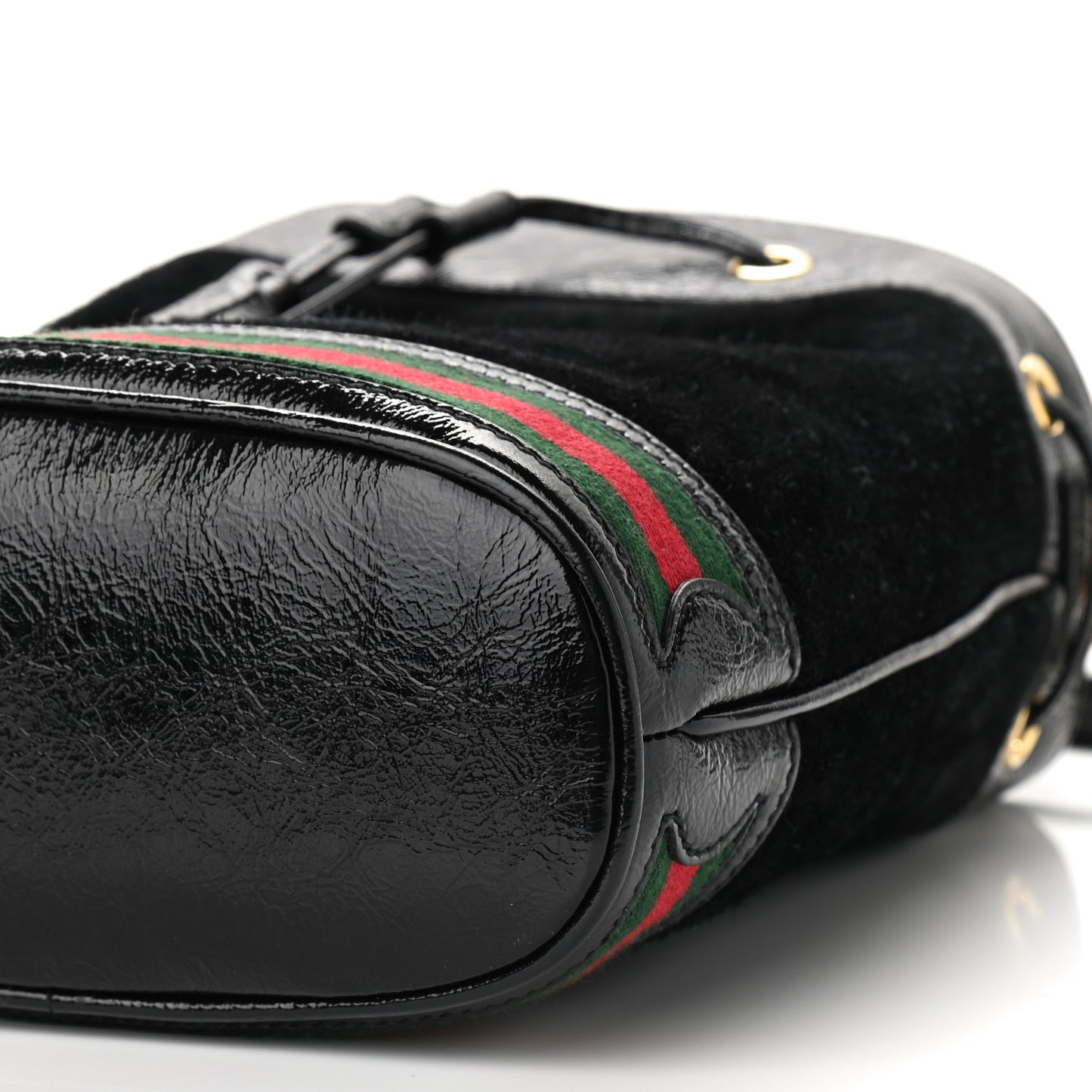 Suede Patent Web Small Ophidia Bucket Bag Black