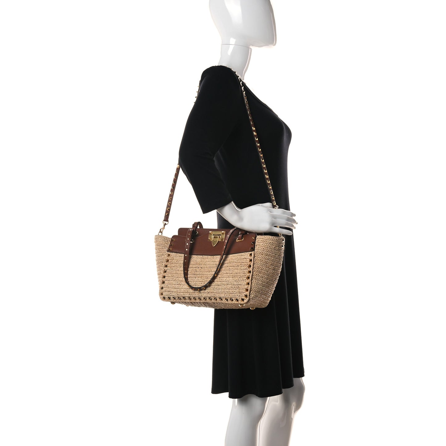 Raffia Calfskin Small Rockstud Tote Naturale Saddle Brown