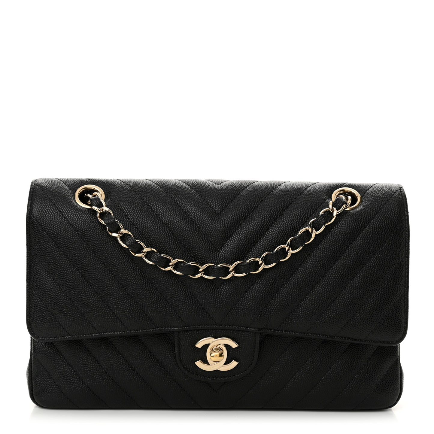 Caviar Chevron Quilted Medium Double Flap Black