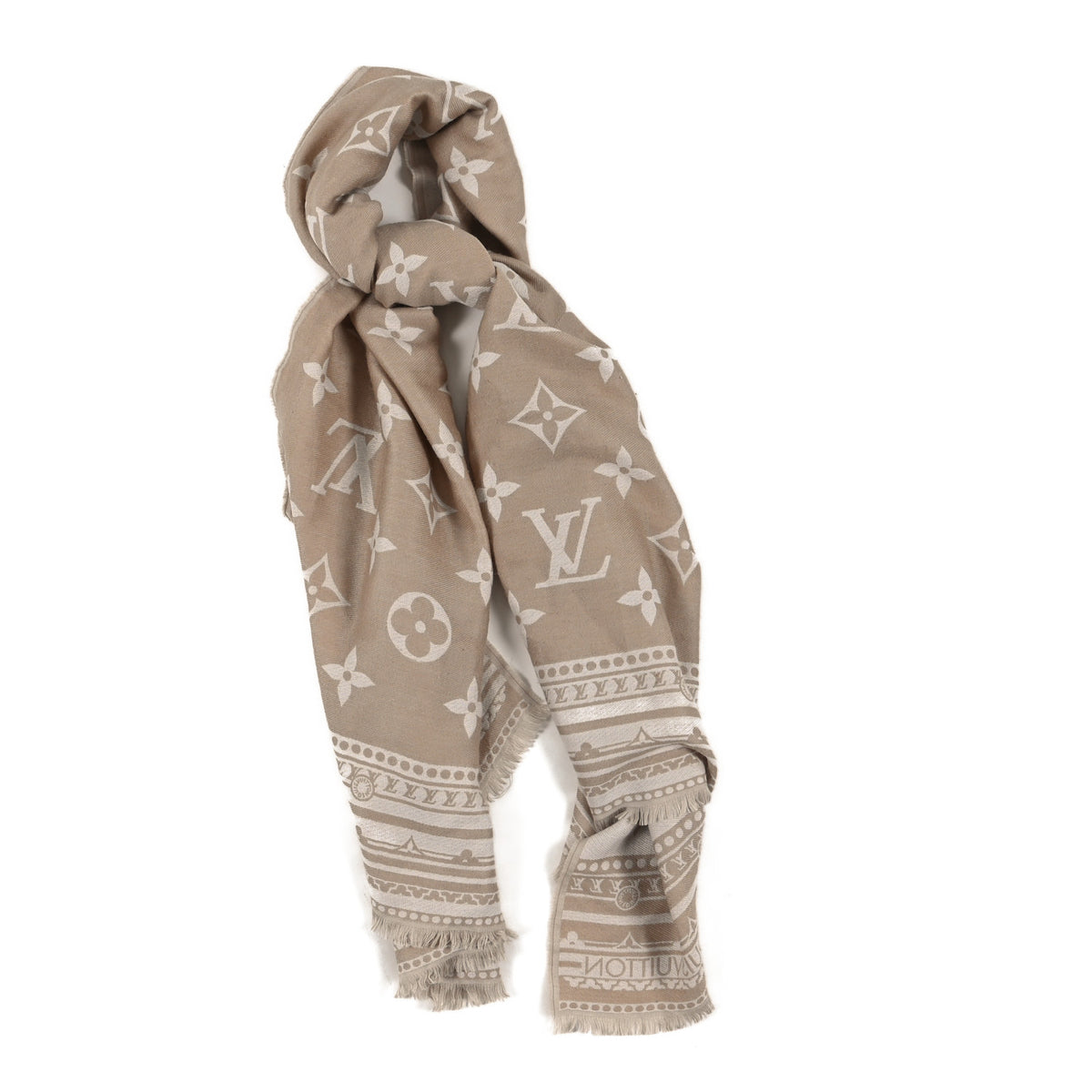 Louis Vuitton Silk Wool Monogram Studdy Denim Shawl Beige 1 of 3