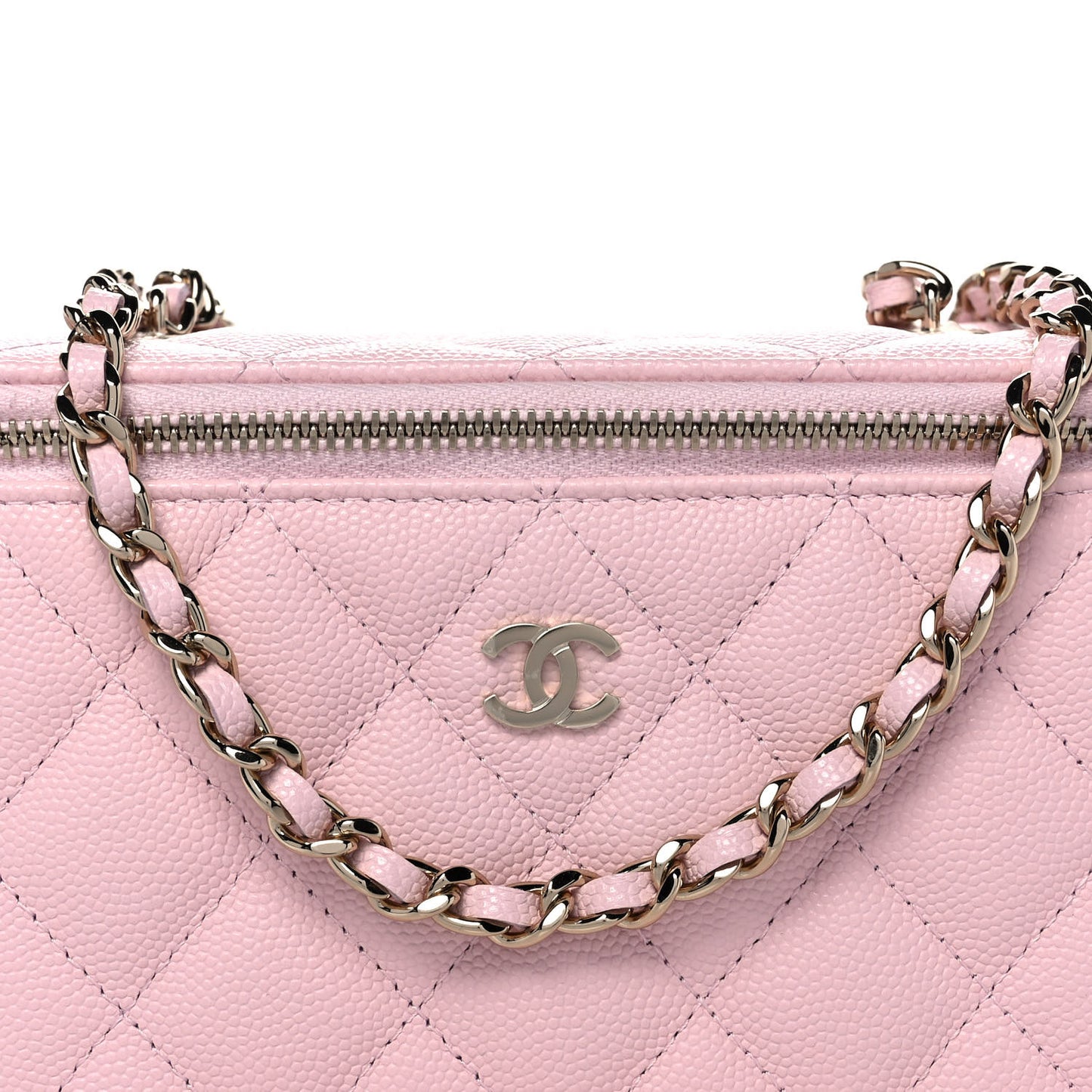 Caviar Quilted Small Vanity Case With Chain Light Pink