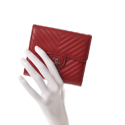 Chanel Caviar Chevron Quilted Compact Flap Wallet Dark Red 2 of 9