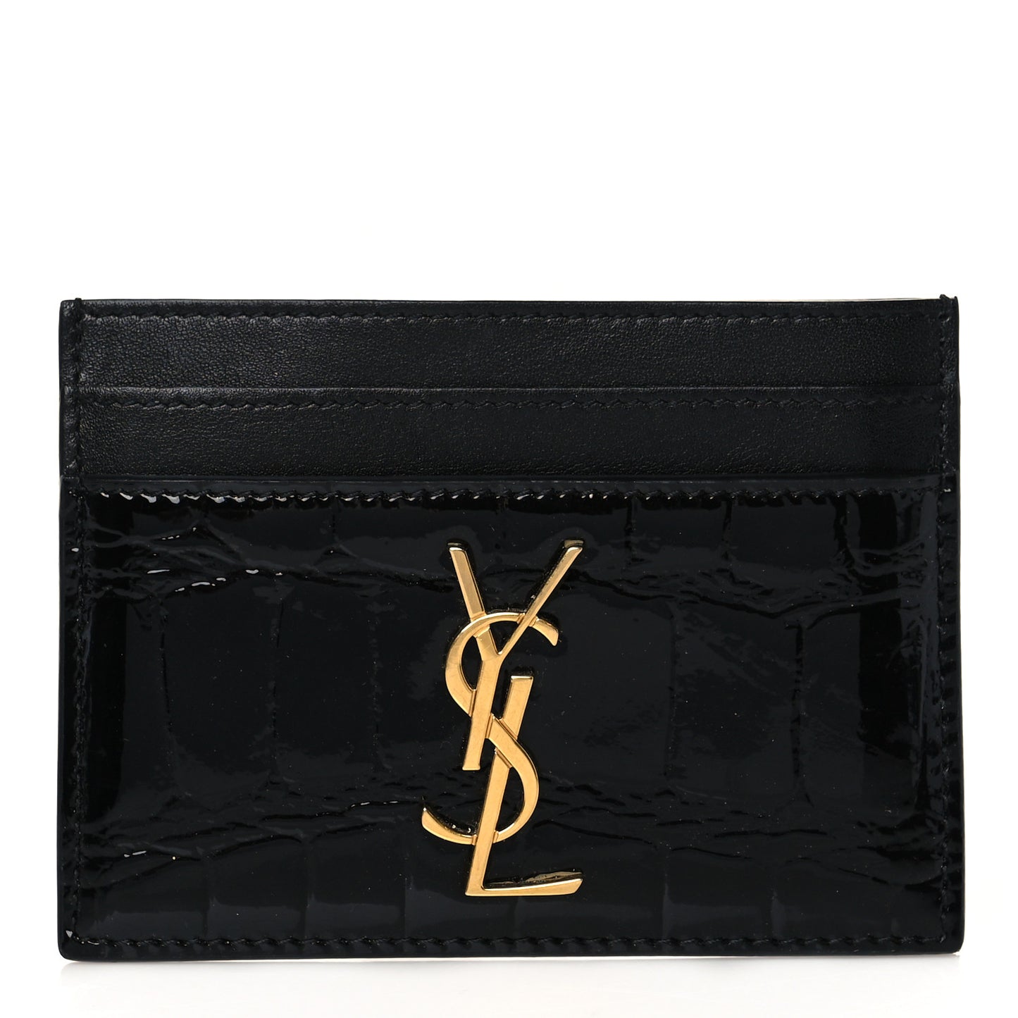Calfskin Crocodile Embossed Monogram Patent Cassandre Credit Card Case Black