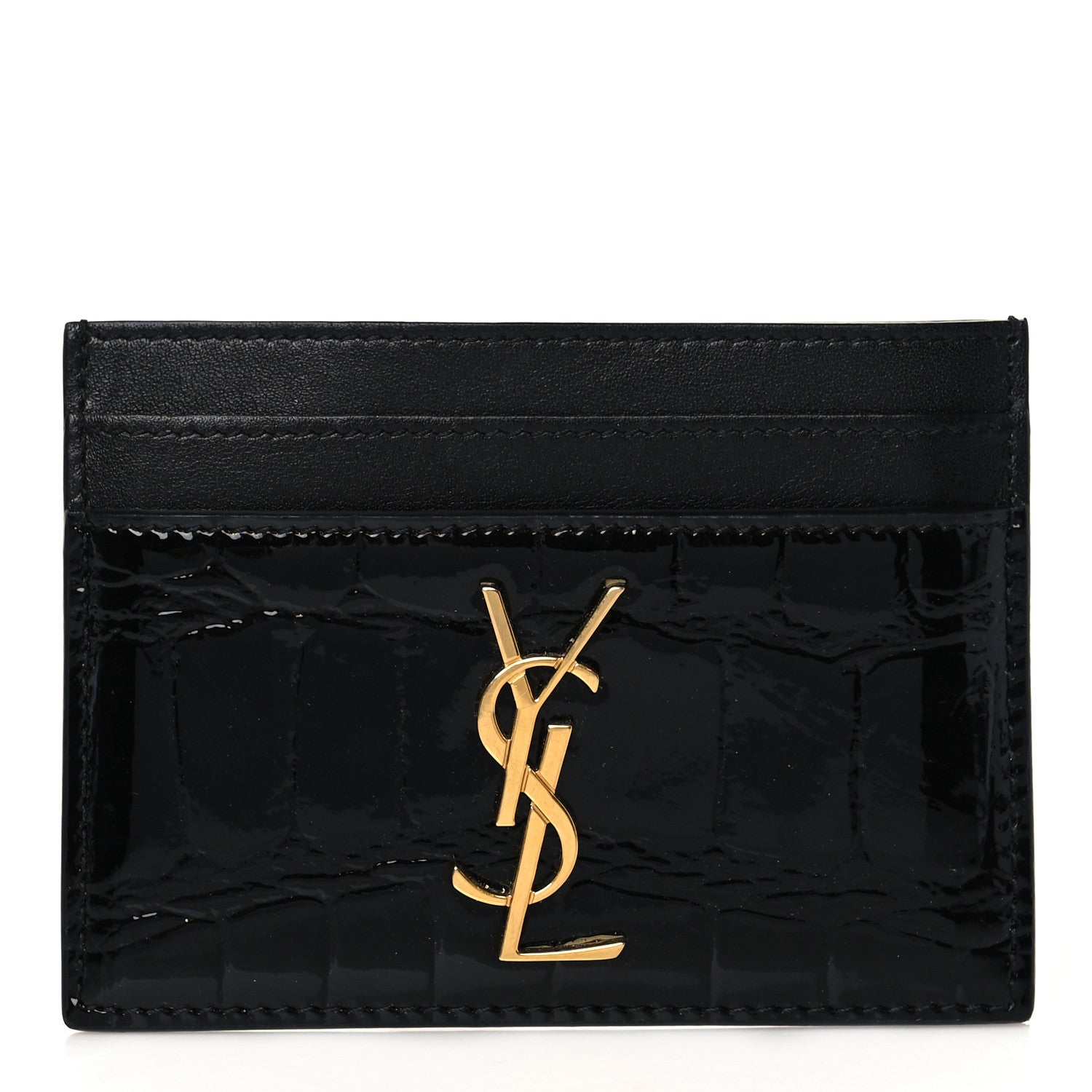 Saint Laurent Calfskin Crocodile Embossed Monogram Patent Cassandre Credit Card Case Black 1 of 9