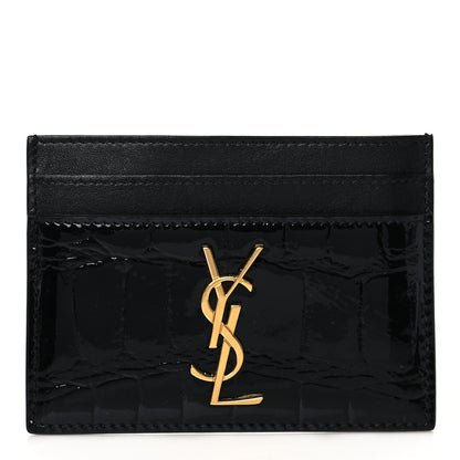 Saint Laurent Calfskin Crocodile Embossed Monogram Patent Cassandre Credit Card Case Black 1 of 9