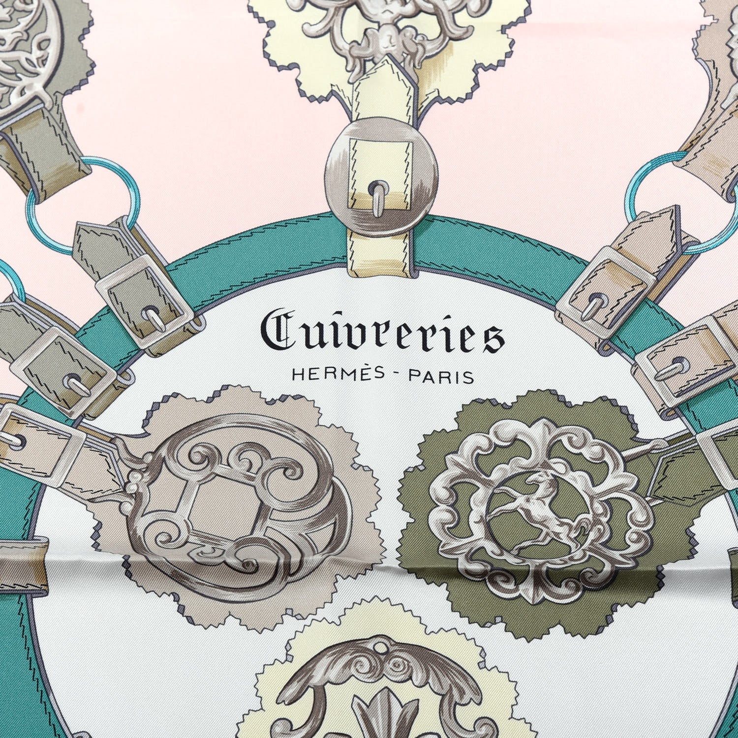 Hermes Silk Cuivreries Scarf 90 Rose Poudre Gris Perle Vert 2 of 5