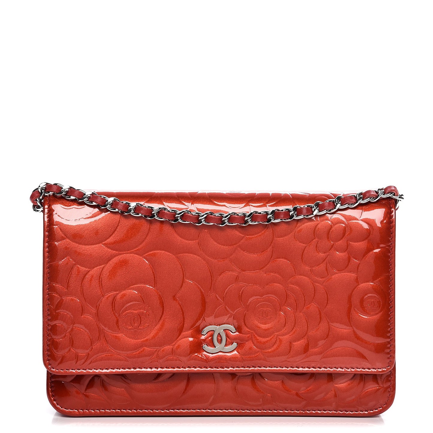 Patent Camellia Embossed Wallet On Chain WOC Dark Red