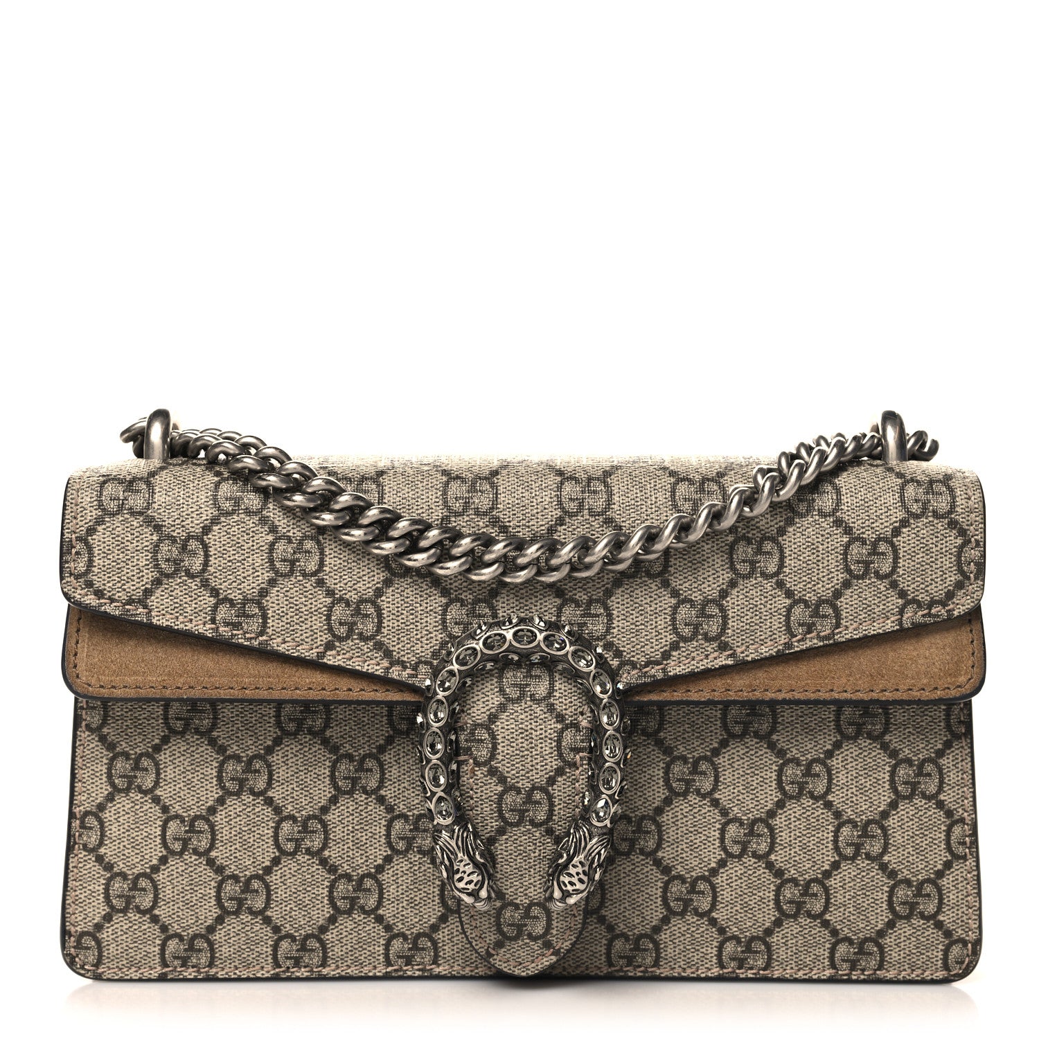 Gucci GG Supreme Monogram Suede Crystal Small Dionysus Shoulder Bag Beige Ebony Taupe 1 of 11