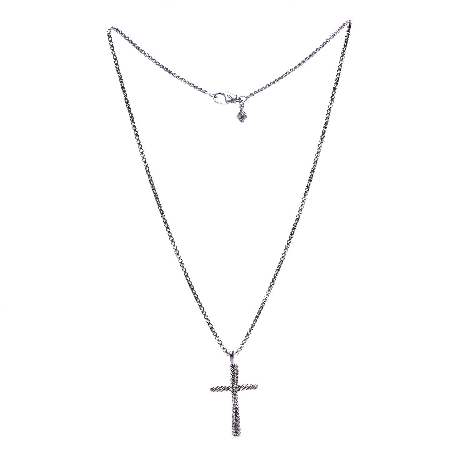 David Yurman Sterling Silver 14K White Gold Diamond 35mm Crossover Cross Necklace 3 of 7