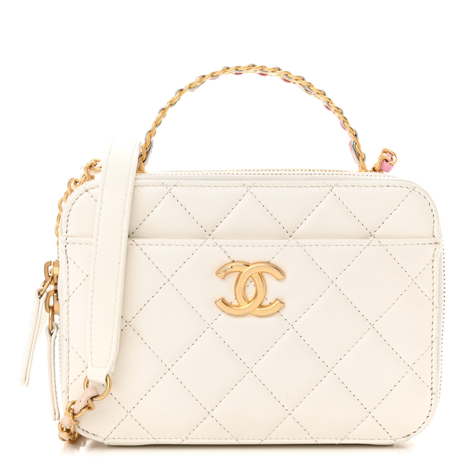 Chanel Shiny Calfskin Quilted Top Handle Vanity Case White 1 of 13