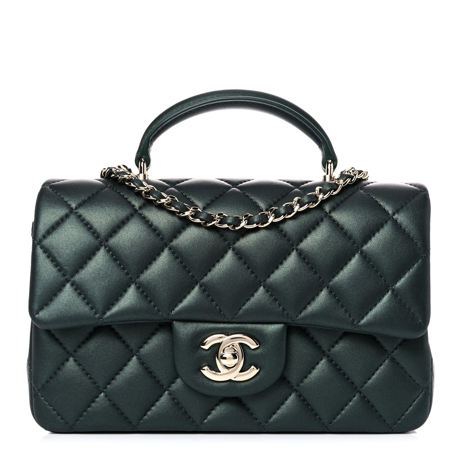 Chanel Iridescent Lambskin Quilted Mini Top Handle Rectangular Flap Dark Green 1 of 9