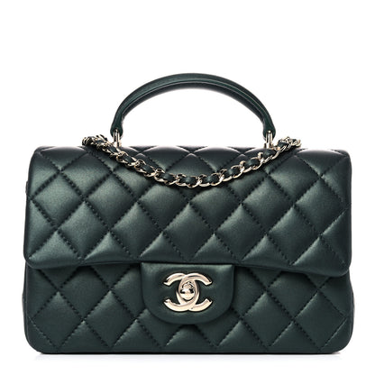 Chanel Iridescent Lambskin Quilted Mini Top Handle Rectangular Flap Dark Green 1 of 9